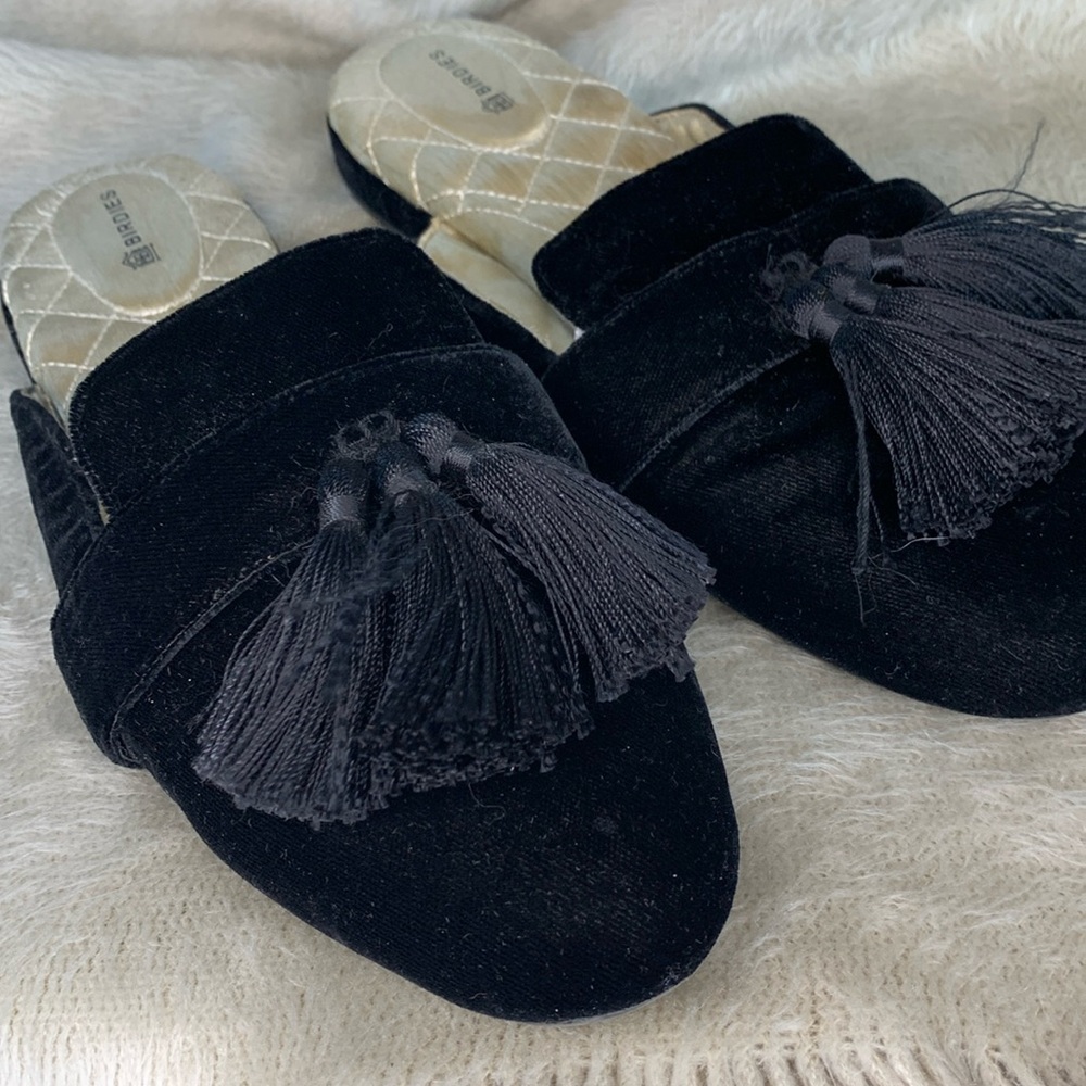 BIRDIES black velvet triple Robin slippers flats slides size 10